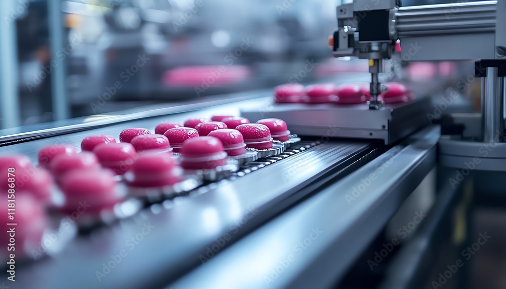 Poster automated production line in a stateoftheart factory, featuring digital interfaces, futuristic robot