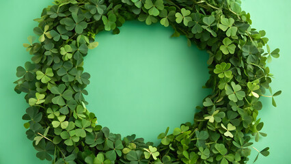 Circular wreath made of clovers placed on a vibrant green background, symbolizing luck and St. Patrick's Day celebration