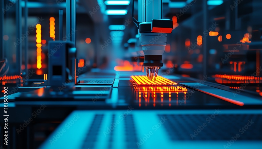 Aufkleber automated production line in a stateoftheart factory, featuring digital interfaces, futuristic robot