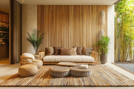 A modern eco-living room with bamboo walls, earth-toned furniture, and natural fiber rugs.