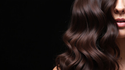 Obraz premium Portrait of a beautiful woman on a dark background. Part of the face is covered by wavy hair close-up