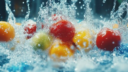 Colorful fruits splashing into water, creating dynamic droplets and vibrant colors, showcasing freshness and vitality in a lively setting.