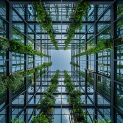 Exploring a green urban oasis with vertical gardens and reflective glass in a modern building under a clear blue sky