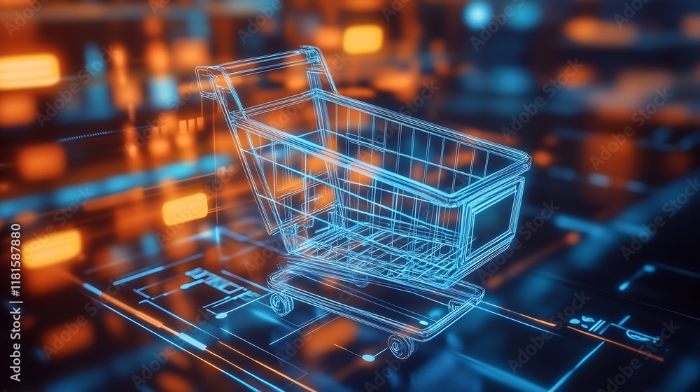 Poster high-tech wireframe shopping cart in virtual e-commerce setting : generative ai