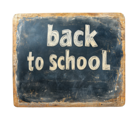 Back to school message displayed on a chalkboard ready for new academic year. Isolated on transparent background, png.