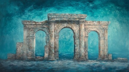 Fototapeta premium Oil Painting Ruined Archway by the Sea, Teal Abstract, Coastal Ruins, Architecture, Landscape Keywords Seascape, Impressionism