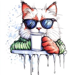 Cool Cat Sipping Coffee: Hand-Drawn Illustration in a Whimsical Style. AI Generated