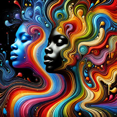 Abstract portrait featuring female faces surrounded by colorful, fluid patterns and gradients, symbolizing creativity and modern art.