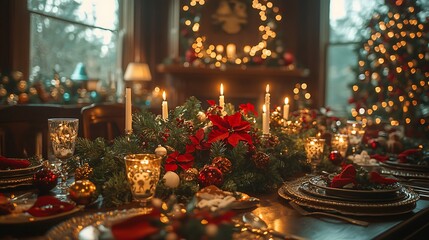 Festive Christmas table setting with candles evergreen branches and warm lighting surrounded by holiday decor