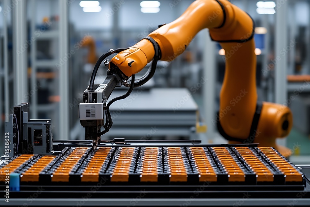 Fototapete advanced robotic arm sorting batteries with precision on manufacturing floor : generative ai