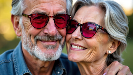 Obraz premium Portrait of smiling elderly gray-haired man and woman in rose-colored glasses, valentine's day card