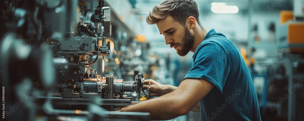 Poster engineers collaborating on machinery in an industrial factory, with modern equipment, digital interf