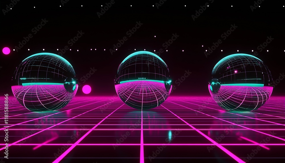 Aufkleber Futuristic Neon Cyber Grid with Reflective Spheres and Pink Illuminated Background : Generative AI