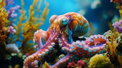 Obraz premium In a vibrant underwater paradise, a colorful octopus skillfully blends into the surrounding coral, showcasing intricate patterns and hues. Its captivating presence highlights marine biodiversity