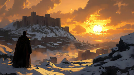 Snowy Citadel at Sunset: A Winter Fantasy Landscape with Dramatic Golden Light