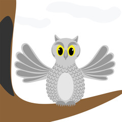 A grey-eyed owl sits on a branch near a hollow tree