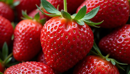 Vibrant Red Strawberries with Green Leaves. AI Generation