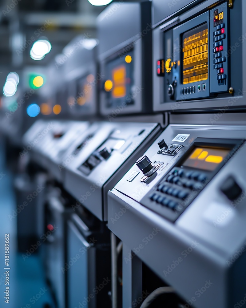 Poster futuristic automated production line in a cuttingedge factory, with digital control panels, robotic 