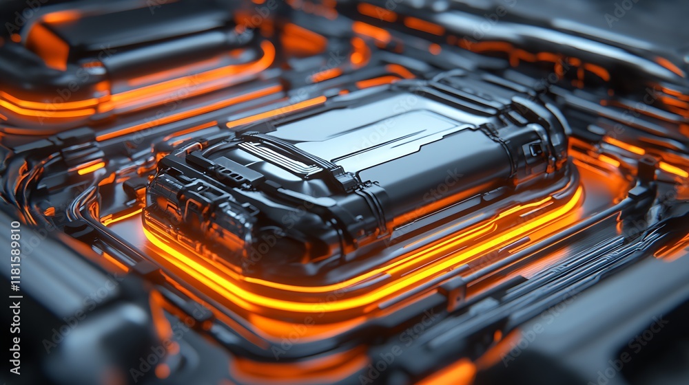 Aufkleber futuristic high-tech circuit board with orange neon glow : generative ai