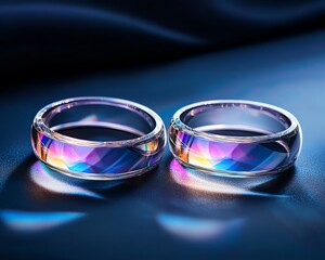 Elegant crystal rings with colorful reflections.