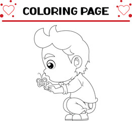 cute boy is catching very small butterfly coloring page for kids