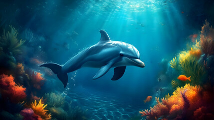 Fototapeta premium Dolphin Swims Through Colorful Coral Reef in the Ocean Depths