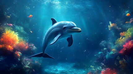 Dolphin Swims Through Vibrant Coral Reef Gracefully and Peacefully in Ocean