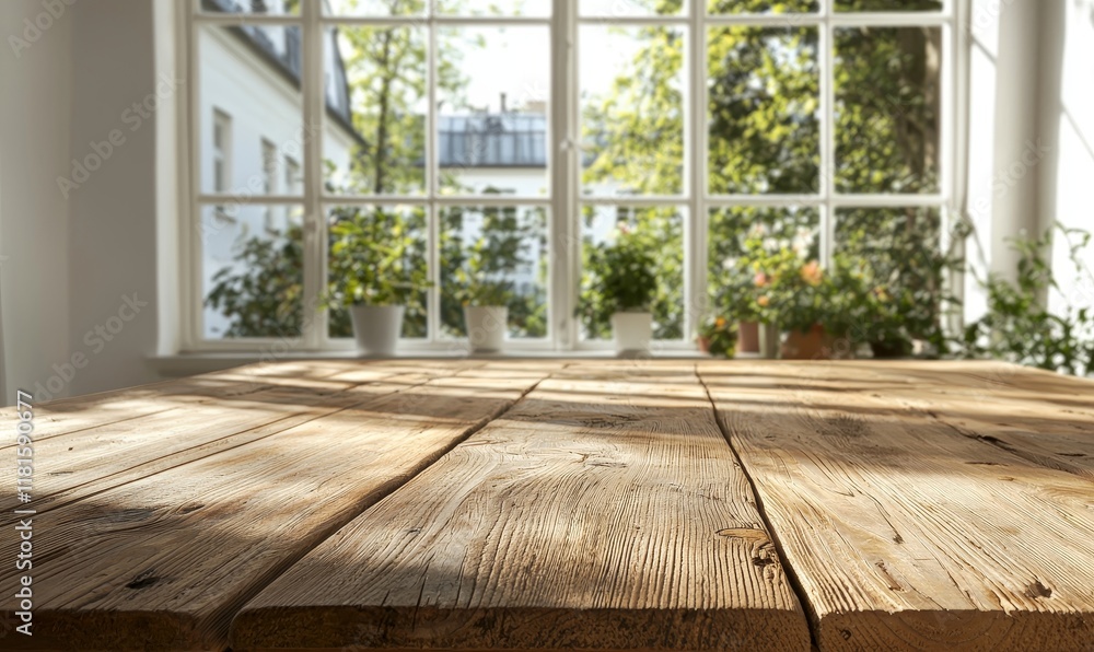 Poster selective focus: a wooden table top in the foreground, with a blurred window curtain and abstract gr
