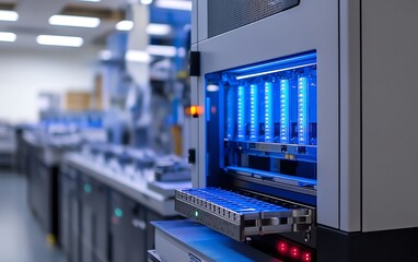 Fototapeta premium Hightech automated production line in a modern factory, featuring a digital interface and futuristic technology for seamless manufacturing efficiency