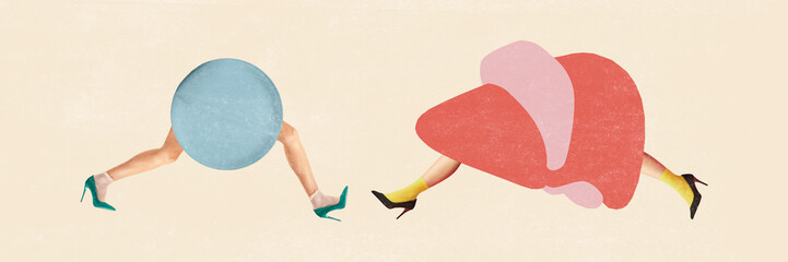 Humorous and creative depiction of running organs, including stylized liver with female legs. Vitality and health. Conceptual design. Banner. Concept of health care, medicine, treatment