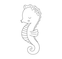 Cute seahorse, outline cartoon sea animal for children. Vector line nautical illustration for coloring book