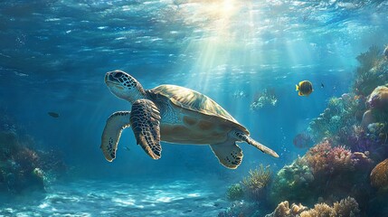 Fototapeta premium Sea turtle swimming in vibrant coral reef, sunlit ocean.