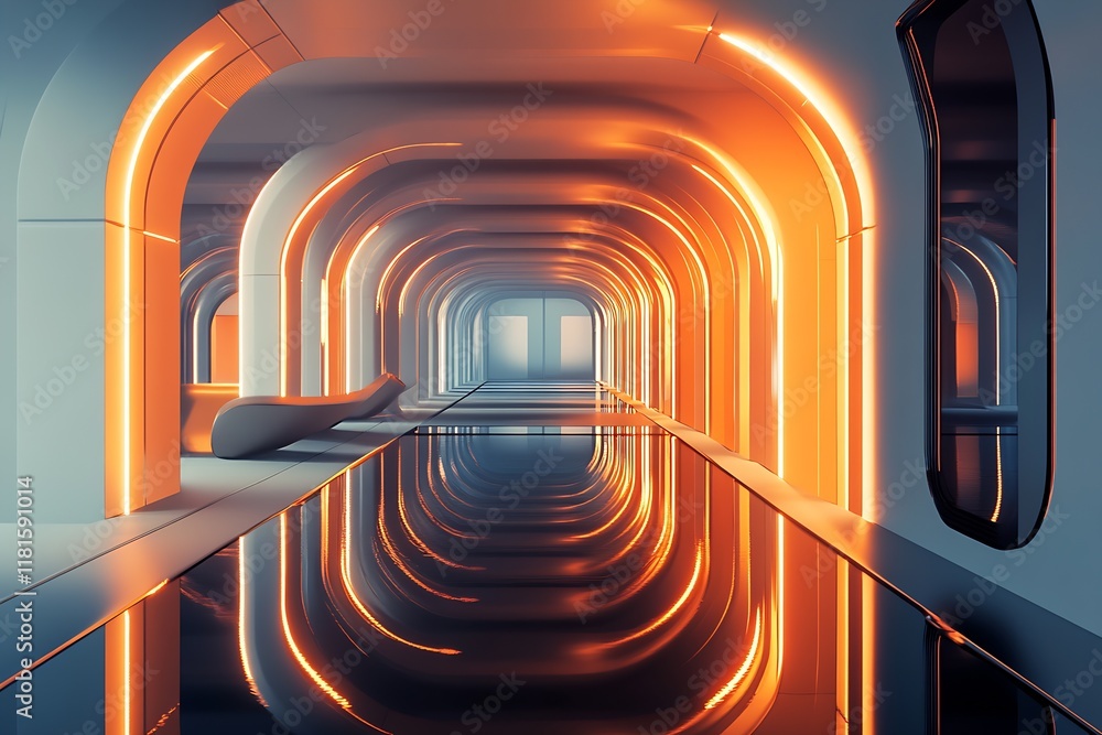 Poster Modern Futuristic Walkway with Neon Lighting and Reflections in a Sci-Fi Setting : Generative AI
