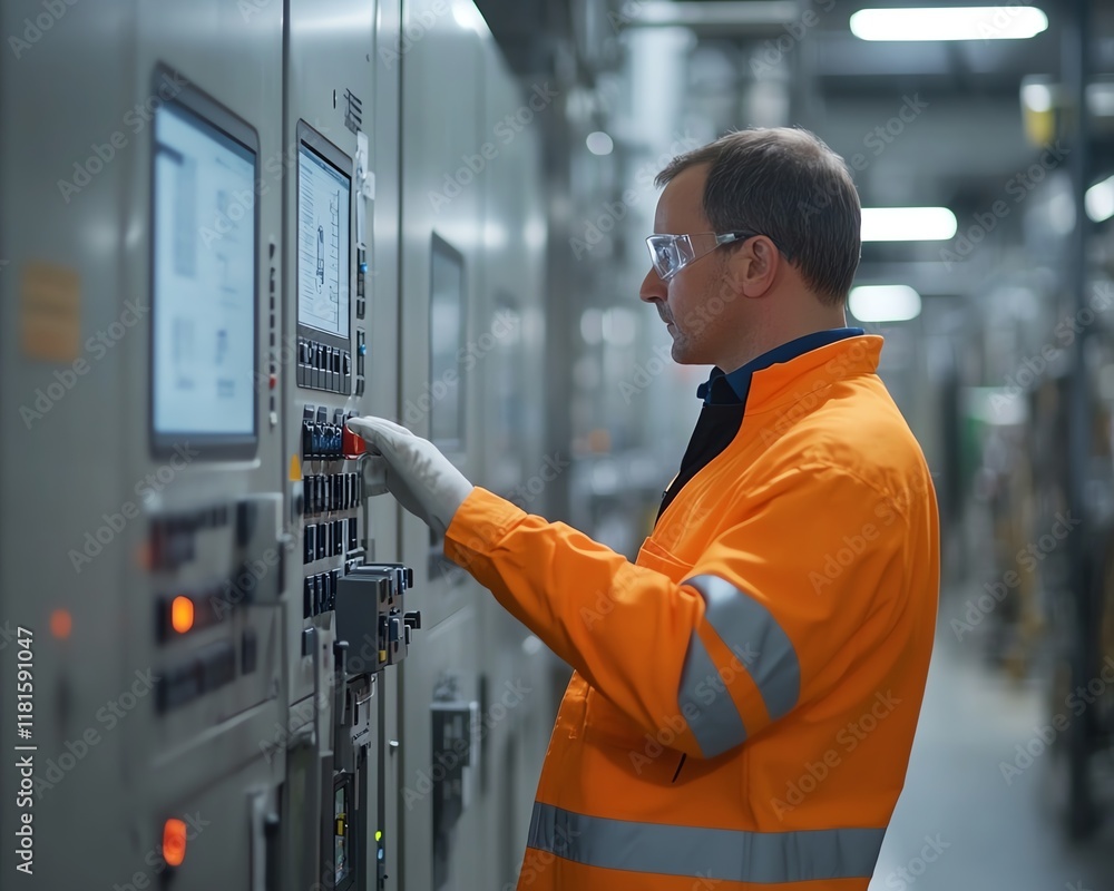 Leinwandbilder industrial engineer in highvisibility jacket and safety gear, operating a complex control panel in a