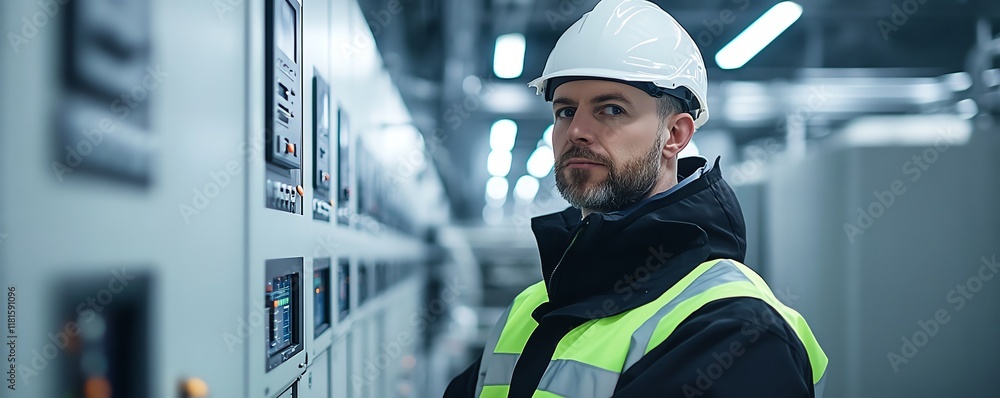 Poster industrial engineer in highvisibility jacket and safety gear, operating a complex control panel in a