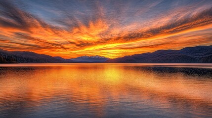 Vibrant sunrise over calm lake with mountain silhouette and fiery clouds reflected in water.