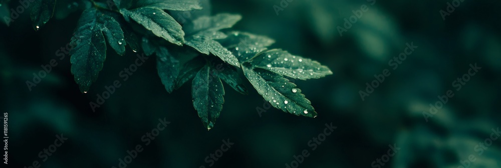 Poster close up of vibrant green leaves glistening with crystal clear raindrops, capturing the refreshing e