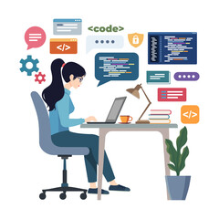 Flat Vector Design Illustration Image of a Female Programmer sitting facing a laptop doing coding, Isolated white background