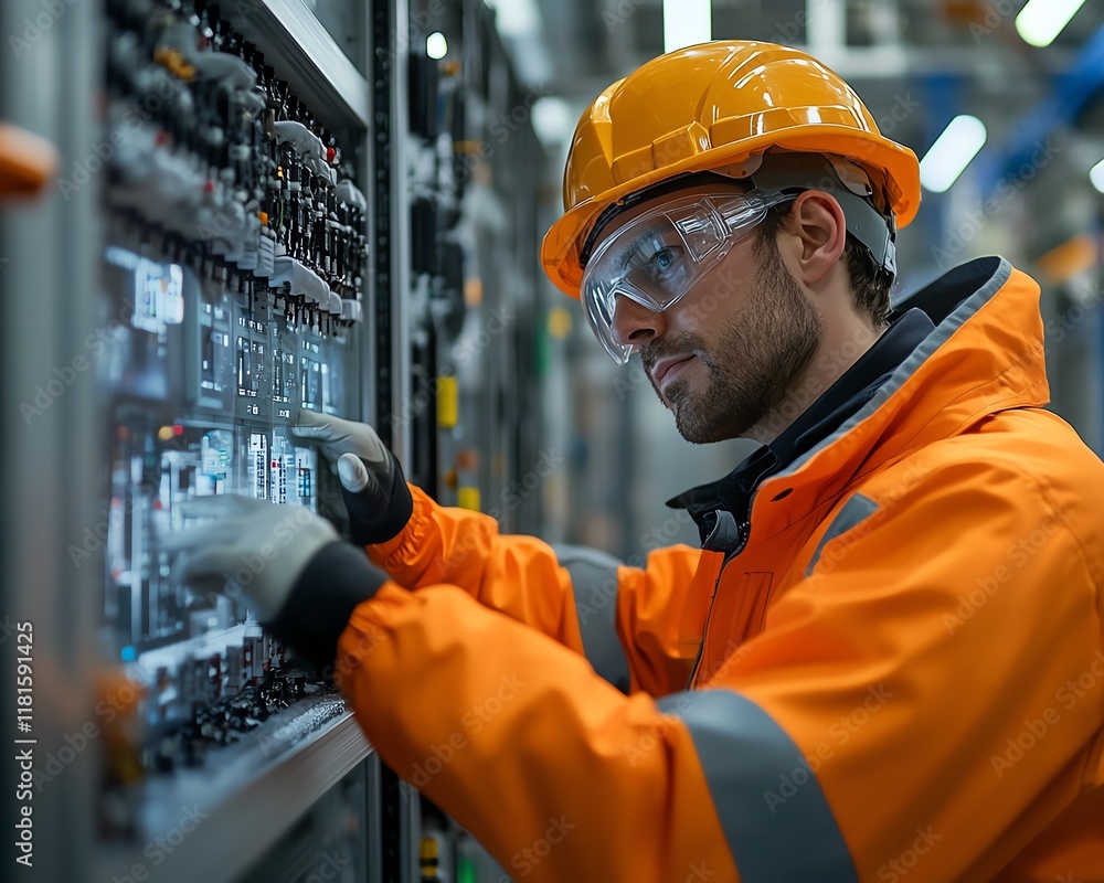Poster industrial engineer wearing highvisibility jacket and safety gear, controlling automated systems fro