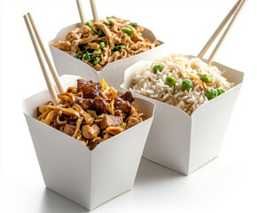 Chinese Takeout Boxes with Noodles and Fried Rice