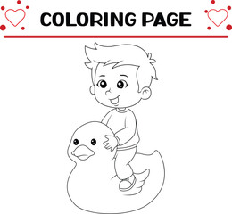 little boy is sitting rubber duck with happy expression coloring page for kids