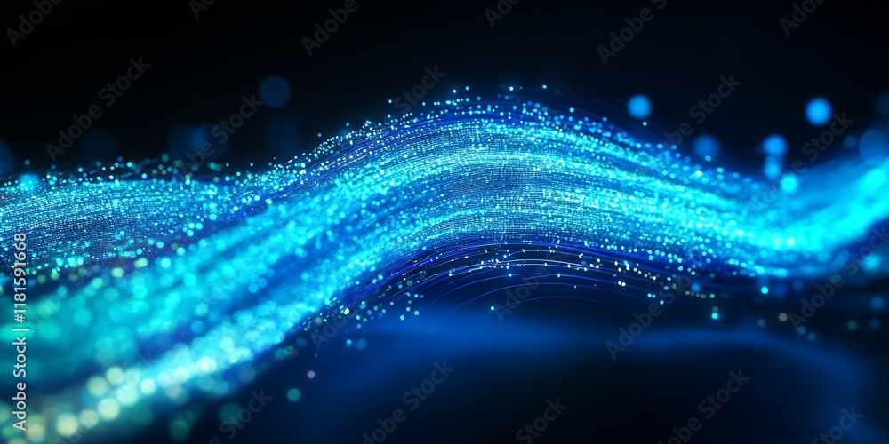 Poster Flowing Blue and Green Light Stream with Sparkling Effect on Dark Background : Generative AI