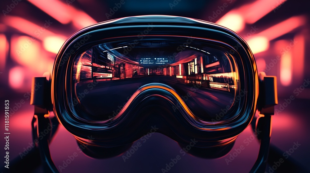 Poster Immersive AR Gaming: Neon Cyberpunk World Reflected in VR Goggles Display : Generative AI