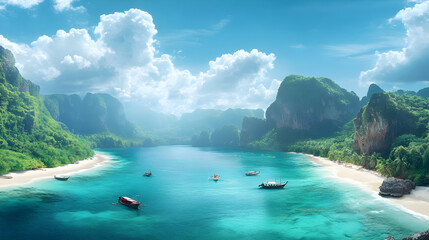 Obraz premium Tropical Paradise: Boats Sail on Turquoise Water, Majestic Cliffs Rise, Sunny Sky