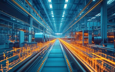 Fototapeta premium Industrial warehouse in a modern manufacturing facility, with large rolls of steel stacked neatly, surrounded by cuttingedge technology and bright, ambient lighting