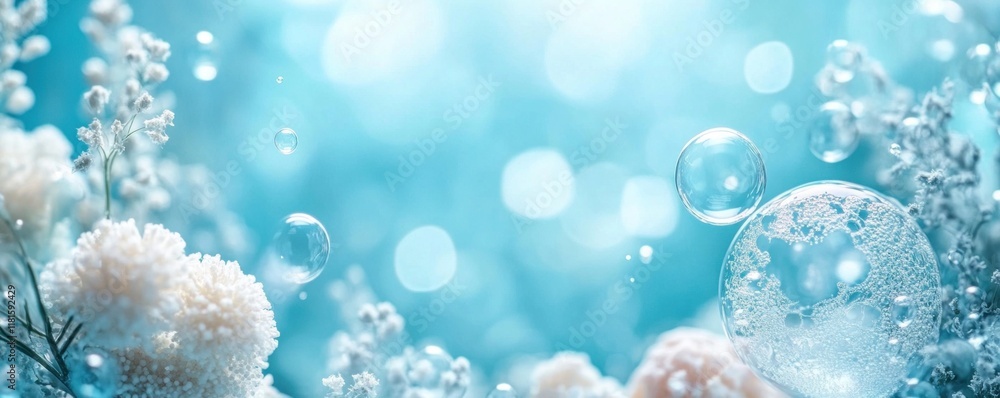 Poster bubbles float gently amidst a backdrop of soft foam and tranquil blue tones, creating a peaceful and
