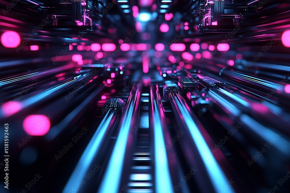 Aufkleber high-speed cyber tunnel with vibrant pink and blue lights in a futuristic tech environment : generat