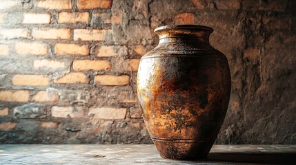 A rustic vase against a textured brick wall.