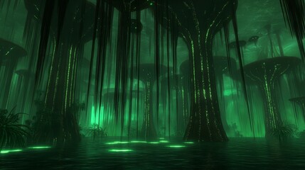 Fototapeta premium Alien Swamp Forest with Glowing Fungi and Water