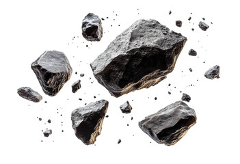 Floating rocky debris with rugged texture, scattered stone fragments for fantasy or space settings, detailed asteroid elements isolated on transparent background